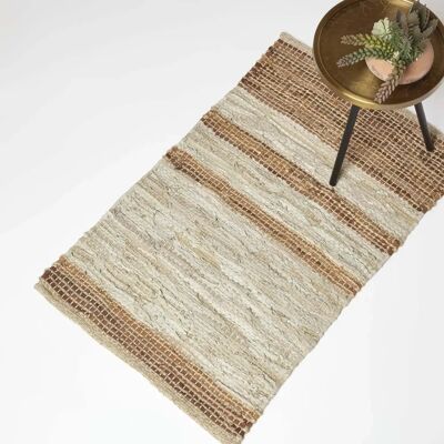 Homescapes Brown Recycled Leather Handwoven Stripe Rug - Rug Homescapes Brown Recycled Leather Handwoven Stripe Rug - Rug