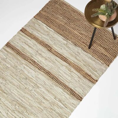 Homescapes Brown Recycled Leather Handwoven Stripe Rug - Rug Homescapes Brown Recycled Leather Handwoven Stripe Rug - Rug