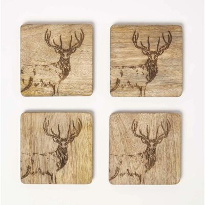 HOMESCAPES Wooden Coaster Set with Stag Design - coaster set HOMESCAPES Wooden Coaster Set with Stag Design - coaster set
