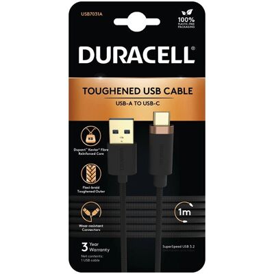 Duracell USB Voedingskabel - 1M USB-A naar USB-C - Zwart Duracell USB Voedingskabel - 1M USB-A naar USB-C - Zwart