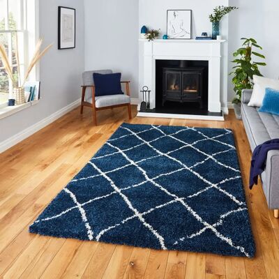 Think Rugs Navy/Cream G257 Shaggy Rug - Diamond Scandinavian Style Think Rugs Navy/Cream G257 Shaggy Rug - Diamond Scandinavian Style