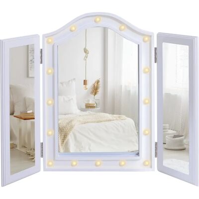 HOMCOM White Tri-Fold Vanity Mirror with LED Lights - Vanity Mirror HOMCOM White Tri-Fold Vanity Mirror with LED Lights - Vanity Mirror