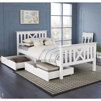 Merax 3ft Wooden Single Bed Frame White Solid Wood Bed W/storage Drawers Bed Furniture - Bed Frame Merax 3ft Wooden Single Bed Frame White Solid Wood Bed W/storage Drawers Bed Furniture - Bed Frame