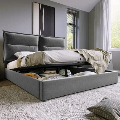 ModernLuxe - Lit coffre velours 140x200 - Gris - Bed - Publicité ModernLuxe - Lit coffre velours 140x200 - Gris - Bed - Publicité