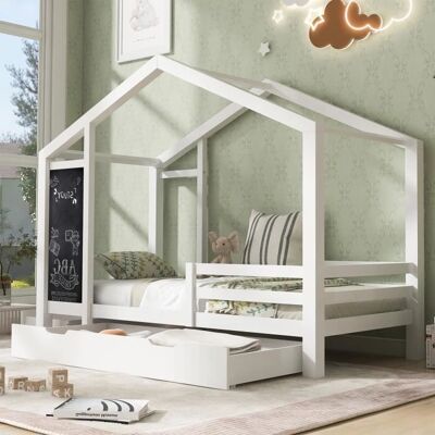MERAX Kinderbed - 90x200cm, met Schoolbord & Laden - Wit MERAX Kinderbed - 90x200cm, met Schoolbord & Laden - Wit