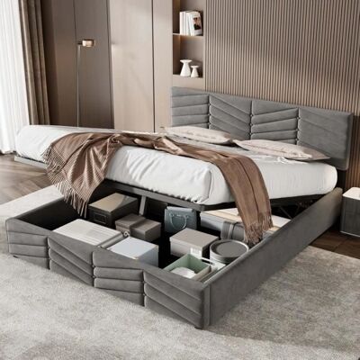ModernLuxe - Lit de rangement velours - Gris - 180x200 cm - Lit - Publicité ModernLuxe - Lit de rangement velours - Gris - 180x200 cm - Lit - Publicité