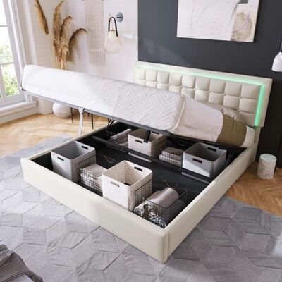 Lit de rangement ModernLuxe 160x200cm avec LED - Blanc Lit de rangement ModernLuxe 160x200cm avec LED - Blanc