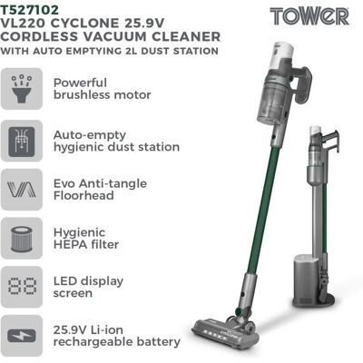 Tower T527102 Vacuum Cleaner - Cyclone, HEPA Filter, Cordless, 2L Tower T527102 Vacuum Cleaner - Cyclone, HEPA Filter, Cordless, 2L
