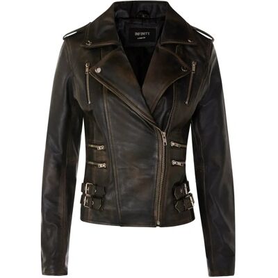 Infinity Leather Dames Vintage Brando Biker Jas - Zwart - Maat 14 UK Infinity Leather Dames Vintage Brando Biker Jas - Zwart - Maat 14 UK