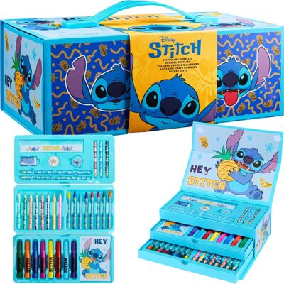 Conjunto artístico Disney Stitch - Lápis de cor, giz de cera e canetas na caixa de arte Conjunto artístico Disney Stitch - Lápis de cor, giz de cera e canetas na caixa de arte