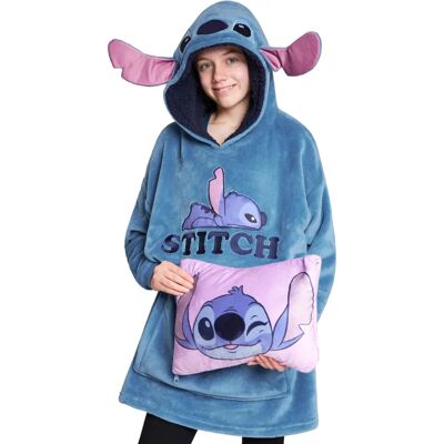 Disney Stitch Hoodie e Almofada - Azul - Cobertor com Capuz Disney Stitch Hoodie e Almofada - Azul - Cobertor com Capuz