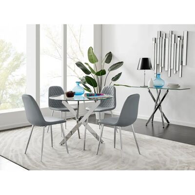 FurnitureboxUK Novara Round Glass Dining Table - Chrome Starburst Legs - 4 Corona Chairs - Grey FurnitureboxUK Novara Round Glass Dining Table - Chrome Starburst Legs - 4 Corona Chairs - Grey