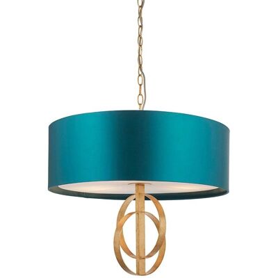 Loops Antique Gold Ceiling Pendant Light - Teal Satin Shade - 3 Bulb Fitting Loops Antique Gold Ceiling Pendant Light - Teal Satin Shade - 3 Bulb Fitting