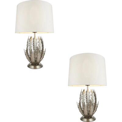 Loops 2 PACK Ornate Silver Table Lamp Ivory Cotton Fabric Shade Decorative Leaf Design - Table Lamp Loops 2 PACK Ornate Silver Table Lamp Ivory Cotton Fabric Shade Decorative Leaf Design - Table Lamp
