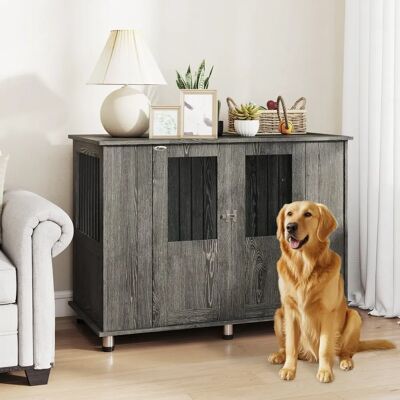 PawHut Grey Dog Crate with Side Table - Extra Large, Indoor, Secure PawHut Grey Dog Crate with Side Table - Extra Large, Indoor, Secure