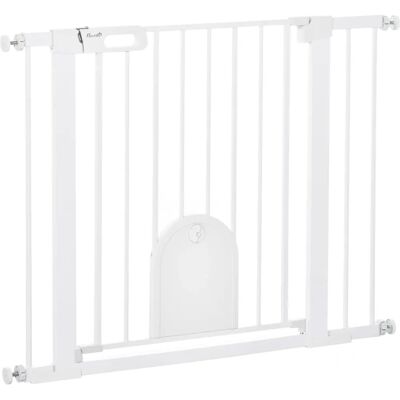 PawHut Dog Gate with Cat Flap Pet Safety Gate Barrier, Stair Pressure Fit, Auto Close, Double Locking, for Doorways, Hallways, 75-103 cm White PawHut Dog Gate with Cat Flap Pet Safety Gate Barrier, Stair Pressure Fit, Auto Close, Double Locking, for Doorways, Hallways, 75-103 cm White