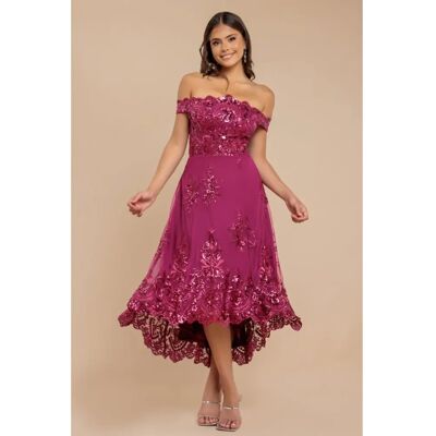 Goddiva Womens Magenta Sequin & Lace High Low Midi Dress - Cocktail Goddiva Womens Magenta Sequin & Lace High Low Midi Dress - Cocktail