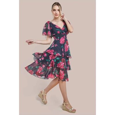 Goddiva Womens Layered Floral Midi Dress - Black - Size 14 Uk Goddiva Womens Layered Floral Midi Dress - Black - Size 14 Uk