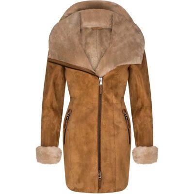 Infinity Leather Dames Merino Schapenvacht Hoodie Mantel - Tan Infinity Leather Dames Merino Schapenvacht Hoodie Mantel - Tan