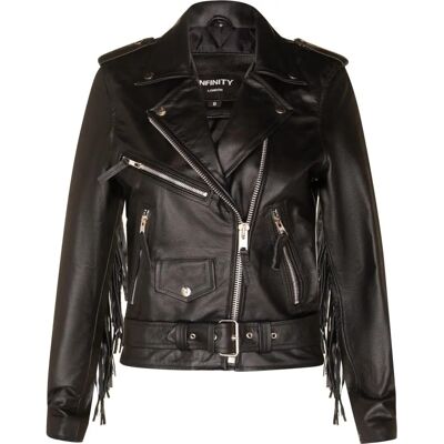 Infinity Leather Dames Zwarte Franje Tasseled Motorjas - Maat 14 UK Infinity Leather Dames Zwarte Franje Tasseled Motorjas - Maat 14 UK