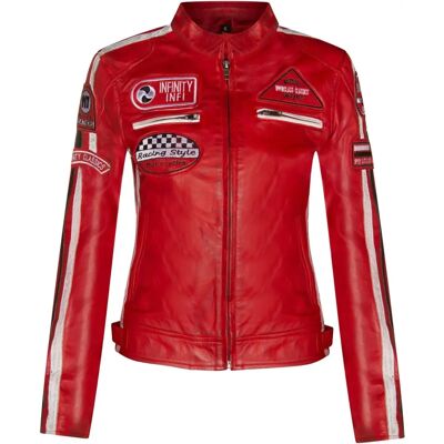 Infinity Leather Dames Rode Lederen Biker Casual Race Moto Badges Jas - 2XL Infinity Leather Dames Rode Lederen Biker Casual Race Moto Badges Jas - 2XL