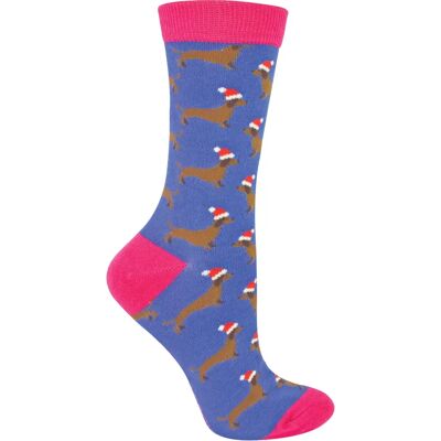 Miss Sparrow Blue Sausage Dog Christmas Socks - Socks with Santa Hat Miss Sparrow Blue Sausage Dog Christmas Socks - Socks with Santa Hat