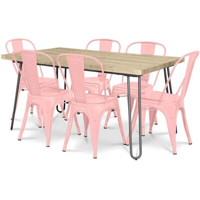 PRIVATEFLOOR - Mesa de comedor estilo industrial 150cm + 6 sillas naranja pastel PRIVATEFLOOR - Mesa de comedor estilo industrial 150cm + 6 sillas naranja pastel