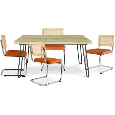 PRIVATEFLOOR Naranja rojizo Industriedining-Set - 120cm & 4 Rattanstühle PRIVATEFLOOR Naranja rojizo Industriedining-Set - 120cm & 4 Rattanstühle