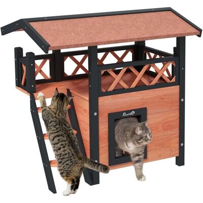 PawHut Brown Outdoor Cat House with Balcony & Stairs - Cat House PawHut Brown Outdoor Cat House with Balcony & Stairs - Cat House