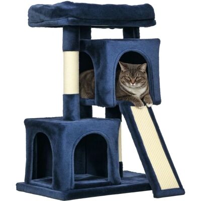 PawHut - Cat Rest & Play Activity Tree - Navy Blue - 2 Houses - Cat Tree PawHut - Cat Rest & Play Activity Tree - Navy Blue - 2 Houses - Cat Tree