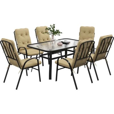 Outsunny Garden Dining Set - 7 PCs, Glass Table, Umbrella Hole, Beige Outsunny Garden Dining Set - 7 PCs, Glass Table, Umbrella Hole, Beige