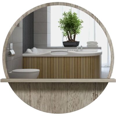 kleankin Round Mirror - Wall Mirror with Shelf - Grey Wood Effect kleankin Round Mirror - Wall Mirror with Shelf - Grey Wood Effect