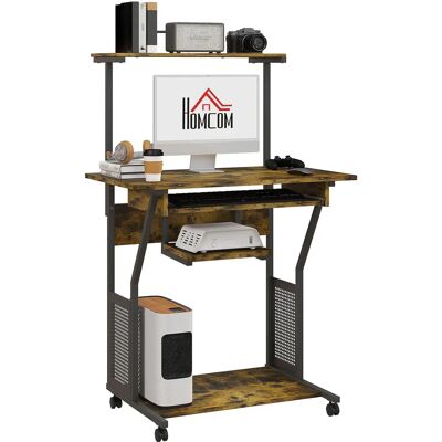 HOMCOM Rolling Computer Desk - Keyboard Tray Storage Shelves - Rustic Brown HOMCOM Rolling Computer Desk - Keyboard Tray Storage Shelves - Rustic Brown