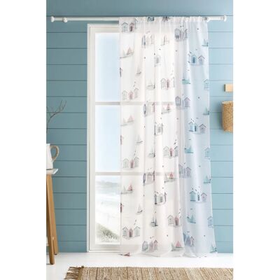 Fusion - Beach Huts Coastal Ready Made Single Voile Curtain - Blue Fusion - Beach Huts Coastal Ready Made Single Voile Curtain - Blue