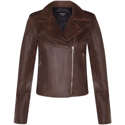 Infinity Leather Brown Model Brando Biker Jacket - Women Infinity Leather Brown Model Brando Biker Jacket - Women