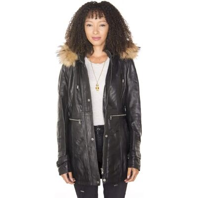 Infinity Leather Womens Black Leather Hooded Parka Jacket - Women’s Size 16 UK Infinity Leather Womens Black Leather Hooded Parka Jacket - Women’s Size 16 UK