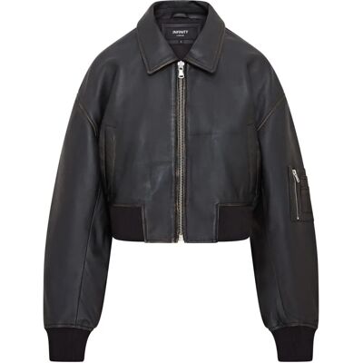Infinity Leather Dames Oversized MA-1 Leren Bomberjacke - Vintage Zwart Infinity Leather Dames Oversized MA-1 Leren Bomberjacke - Vintage Zwart
