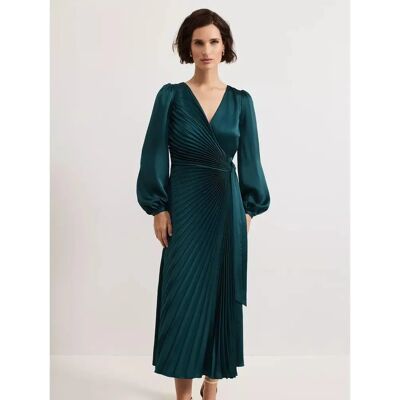 Phase Eight Gracie Green Satin Pleated Midi Wrap Dress Phase Eight Gracie Green Satin Pleated Midi Wrap Dress