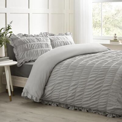 Catherine Lansfield Silver Seersucker Frill Duvet Cover Set - Bedding Set Catherine Lansfield Silver Seersucker Frill Duvet Cover Set - Bedding Set