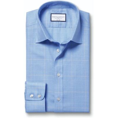 Charles Tyrwhitt Men's Ocean Blue Non-Iron Prince Of Wales Checkered Cotton Formal Shirt - Slim Fit Charles Tyrwhitt Men's Ocean Blue Non-Iron Prince Of Wales Checkered Cotton Formal Shirt - Slim Fit