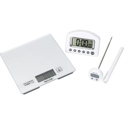 Taylor Pro Kitchen Measuring Set with Scale, Thermometer, Timer - White Taylor Pro Kitchen Measuring Set with Scale, Thermometer, Timer - White