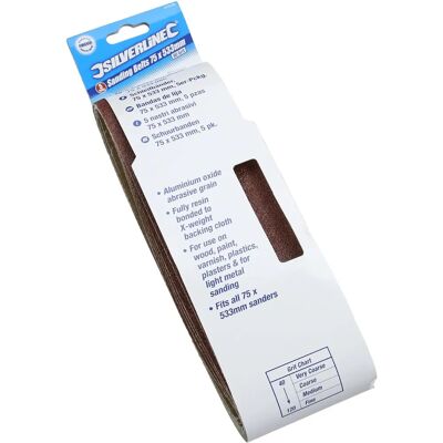 Silverline 75x533mm 5pk Sanding Belts - 80 Grit Silverline 75x533mm 5pk Sanding Belts - 80 Grit