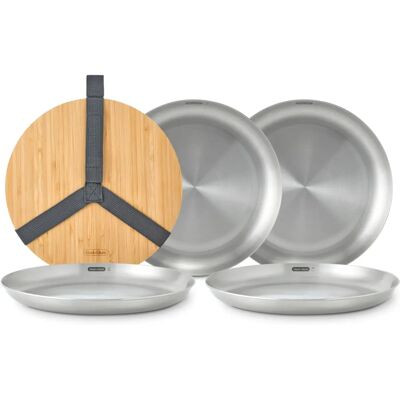 Black+Blum Stainless Steel Plates with Bamboo Board - Set of 4 Black+Blum Stainless Steel Plates with Bamboo Board - Set of 4