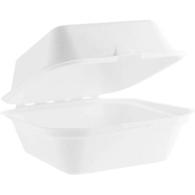 Vegware - Bagasse Hamburger Box - 6in - Blanc - Boîte à emporter - Publicité Vegware - Bagasse Hamburger Box - 6in - Blanc - Boîte à emporter - Publicité