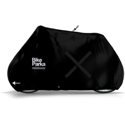 Housse de vélo urbaine BikeParka Noire - Sûre et pliable - Publicité Housse de vélo urbaine BikeParka Noire - Sûre et pliable - Publicité