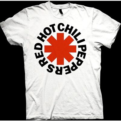 Vit bomulls-T-shirt med rött Asterisk-logga från Red Hot Chili Peppers Vit bomulls-T-shirt med rött Asterisk-logga från Red Hot Chili Peppers