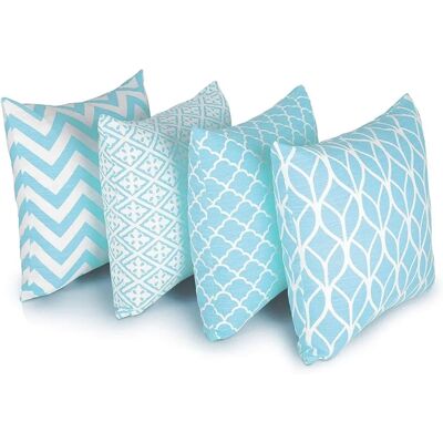 Conjunto de 4 capas de almofada azul com padrão geométrico - Decoração quadrada Conjunto de 4 capas de almofada azul com padrão geométrico - Decoração quadrada