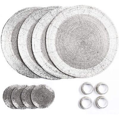 Penguin Home Ensemble de 12 Sets de Nappes, Sous-verres et Anneaux à Serviettes en Verre Argenté Penguin Home Ensemble de 12 Sets de Nappes, Sous-verres et Anneaux à Serviettes en Verre Argenté