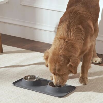 Penguin Home Double Feeding Pet Feeder Mat with 4 Stainless Steel Bowls - Grey Penguin Home Double Feeding Pet Feeder Mat with 4 Stainless Steel Bowls - Grey
