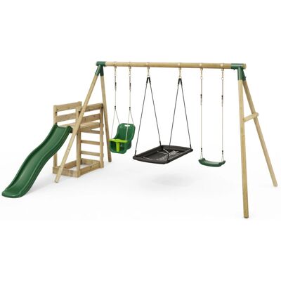 Rebo - Wooden Swing Set - Green - Deck & Slide - Swing set Rebo - Wooden Swing Set - Green - Deck & Slide - Swing set